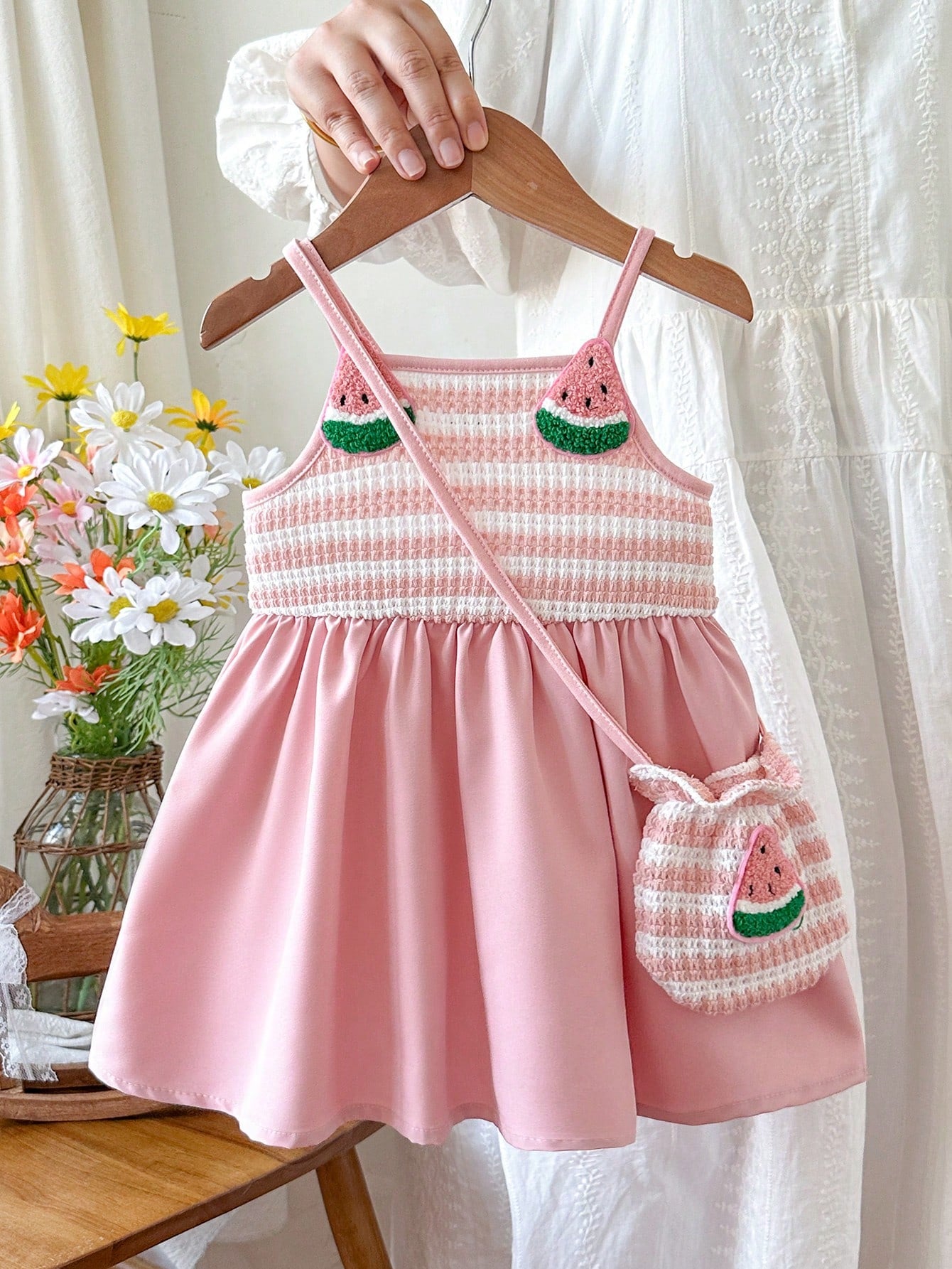 Orange & White Sweet Fresh Floral Decor Strap Dress With Matching Small Crossbody Bag