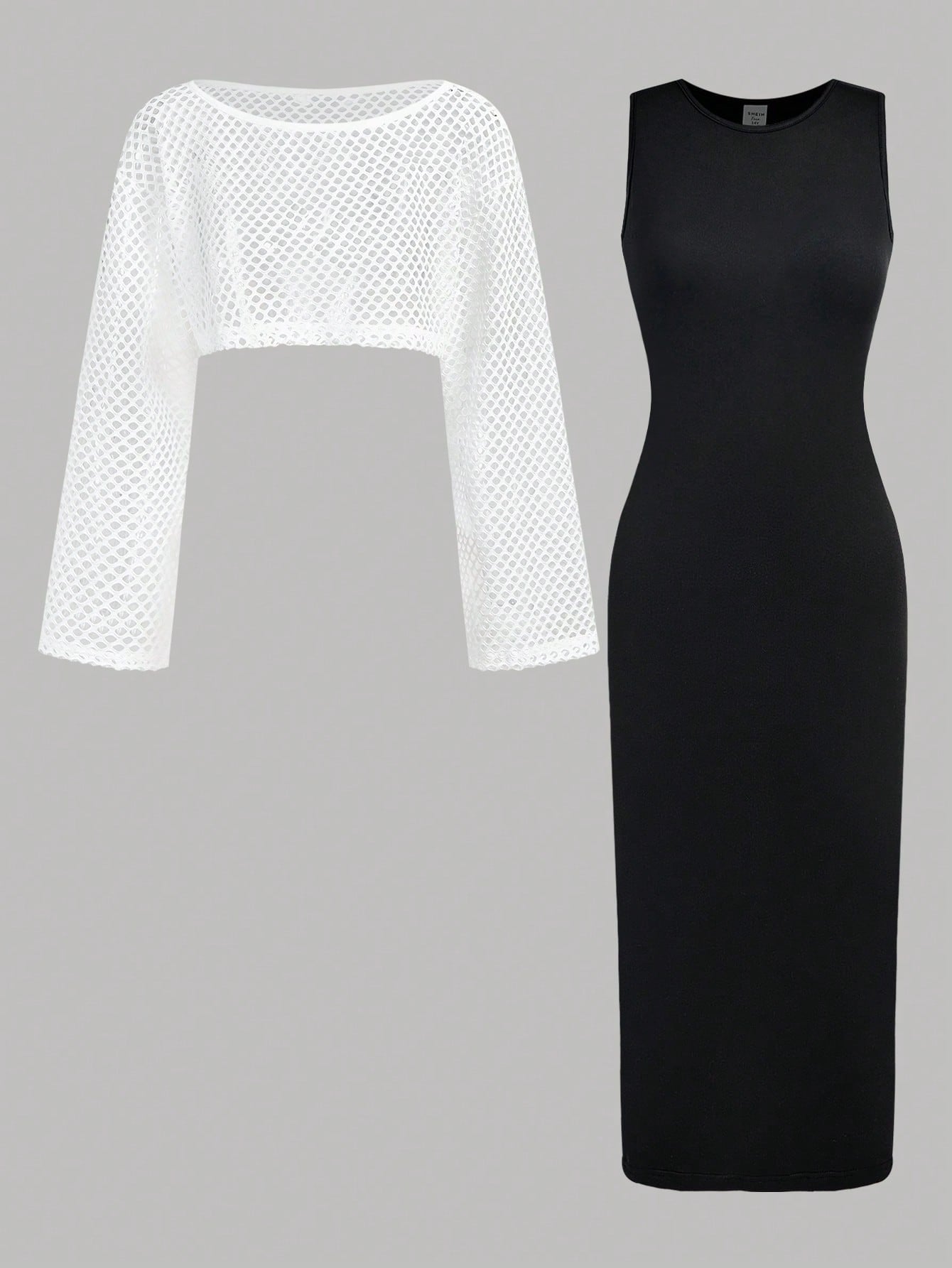 Teenage Girls Casual Elegant Black & White Knitted Midi Dress + Loose Mesh Cover Up Set