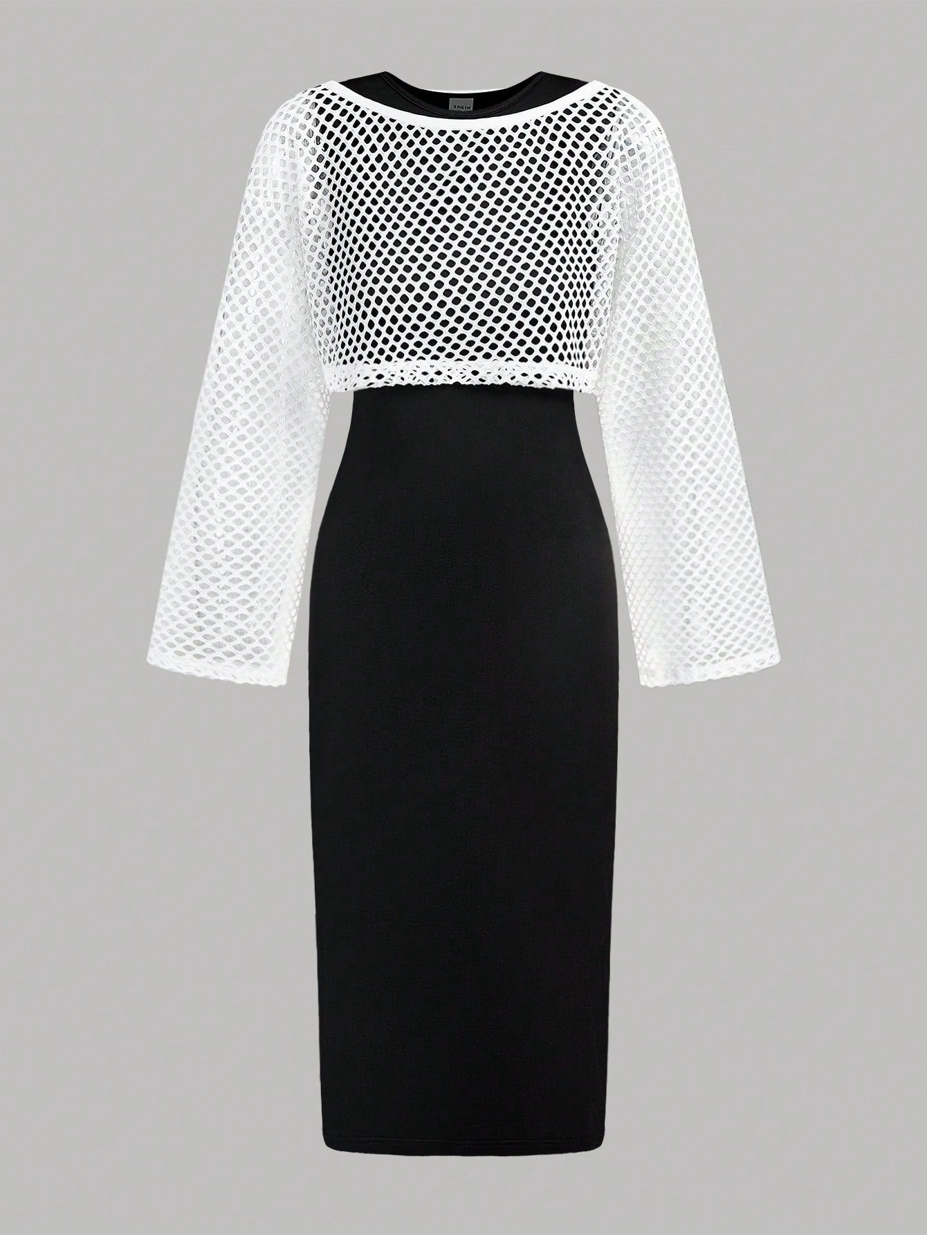 Teenage Girls Casual Elegant Black & White Knitted Midi Dress + Loose Mesh Cover Up Set Black & White