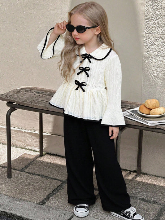 Cute Flare Sleeve Top With Bow Decor & Comfortable Black Casual Pants