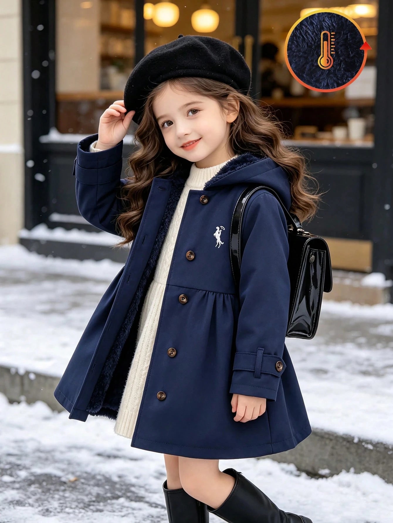 Navy Blue With Horse Embroidery Pattern, Thermal Lining, Hooded