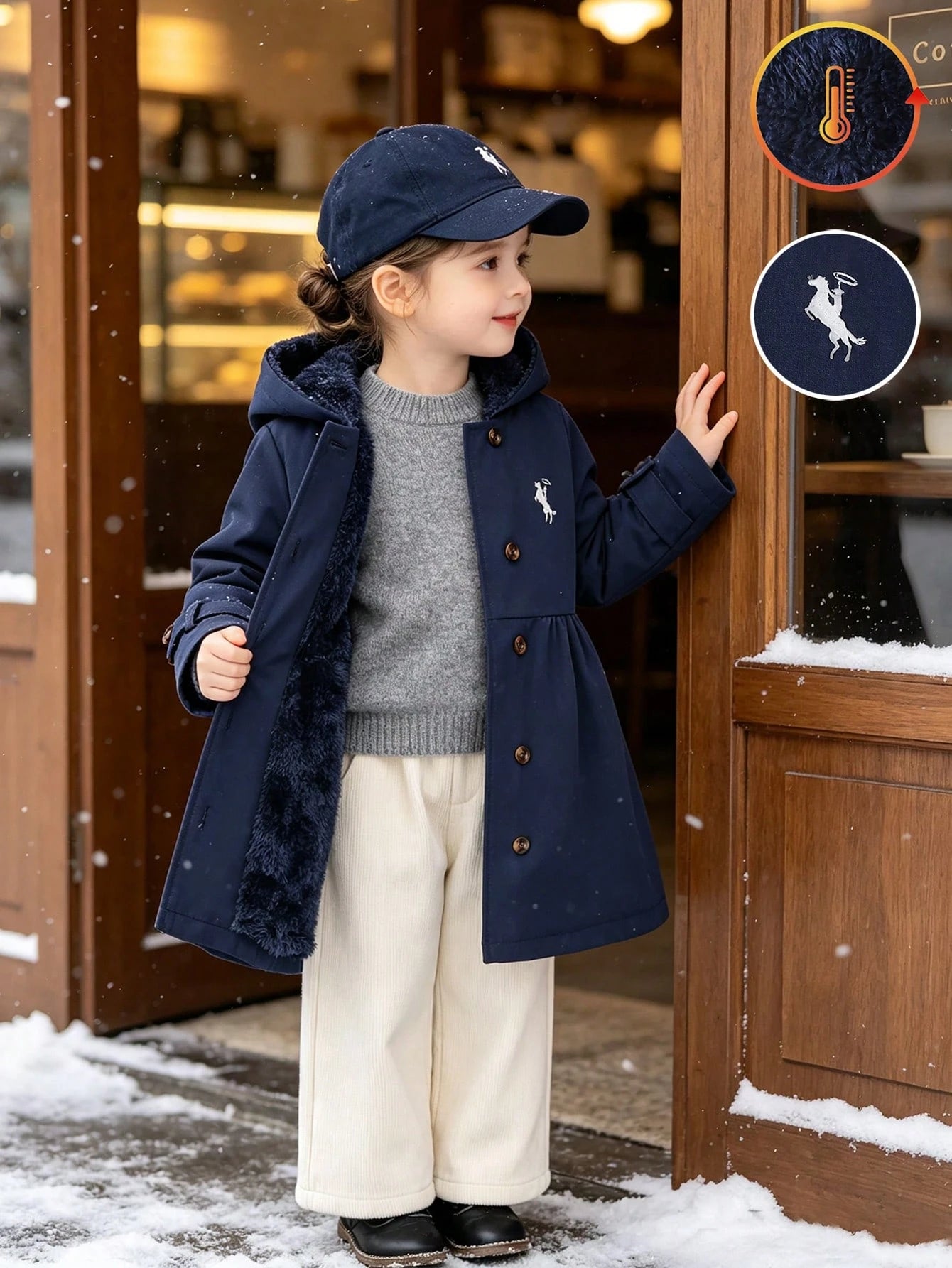 Navy Blue With Horse Embroidery Pattern, Thermal Lining, Hooded
