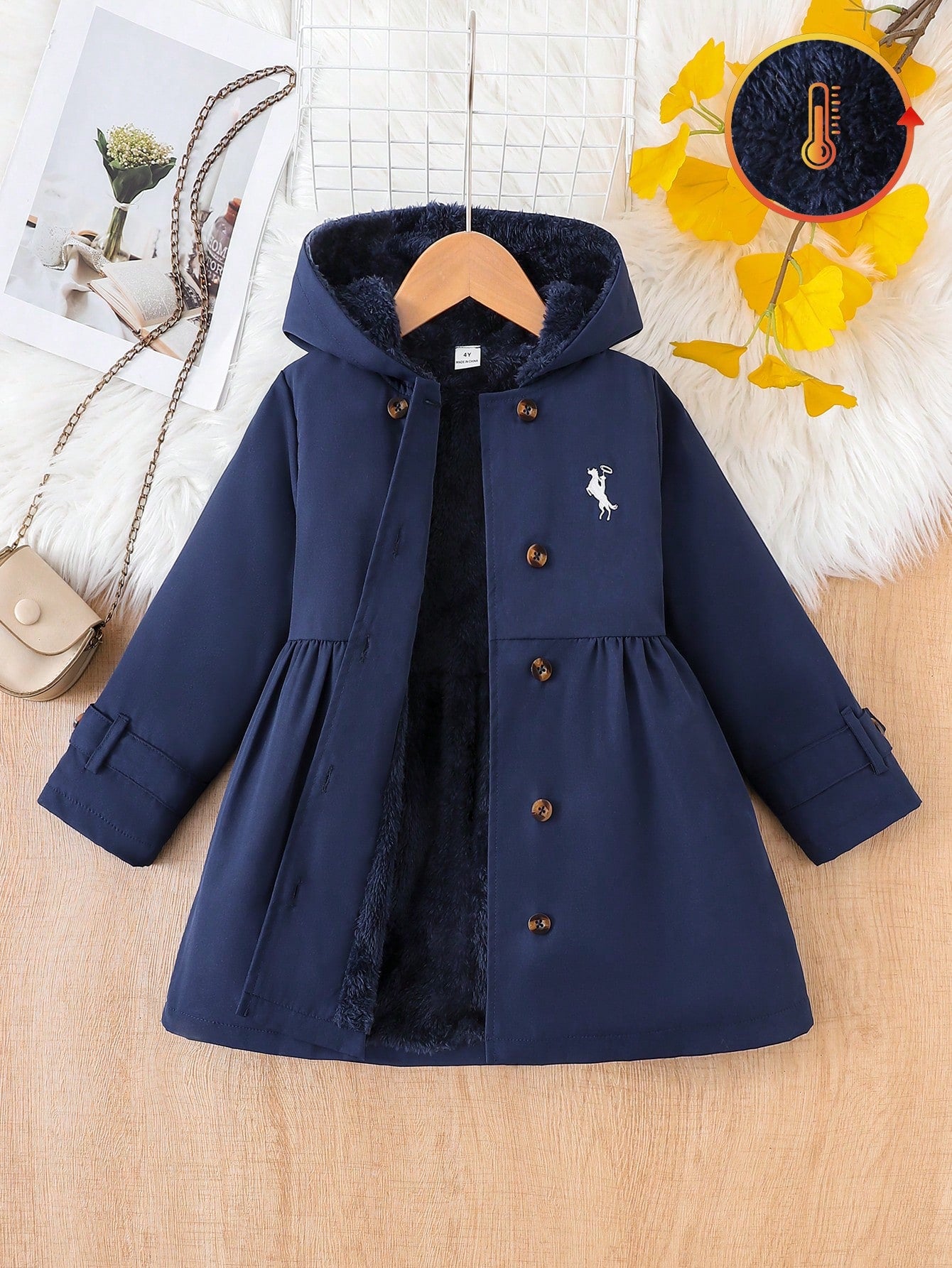 Navy Blue With Horse Embroidery Pattern, Thermal Lining, Hooded