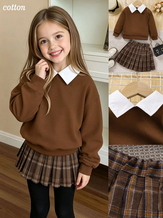 Young Girl Contrast Collar Sweatshirt & Plaid Pleated Skirt
