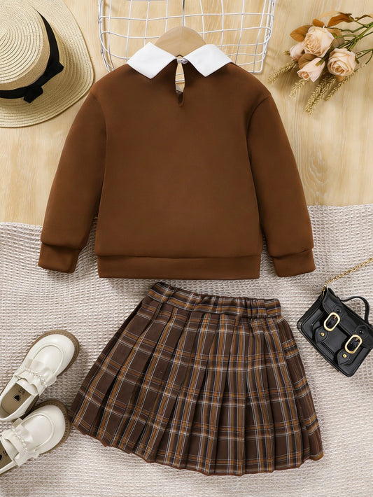 Young Girl Contrast Collar Sweatshirt & Plaid Pleated Skirt