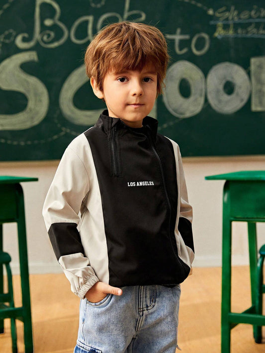 1pc Young Boy's Outdoor Casual Zip-Up Color Block Windbreaker Hoodie Multicolor