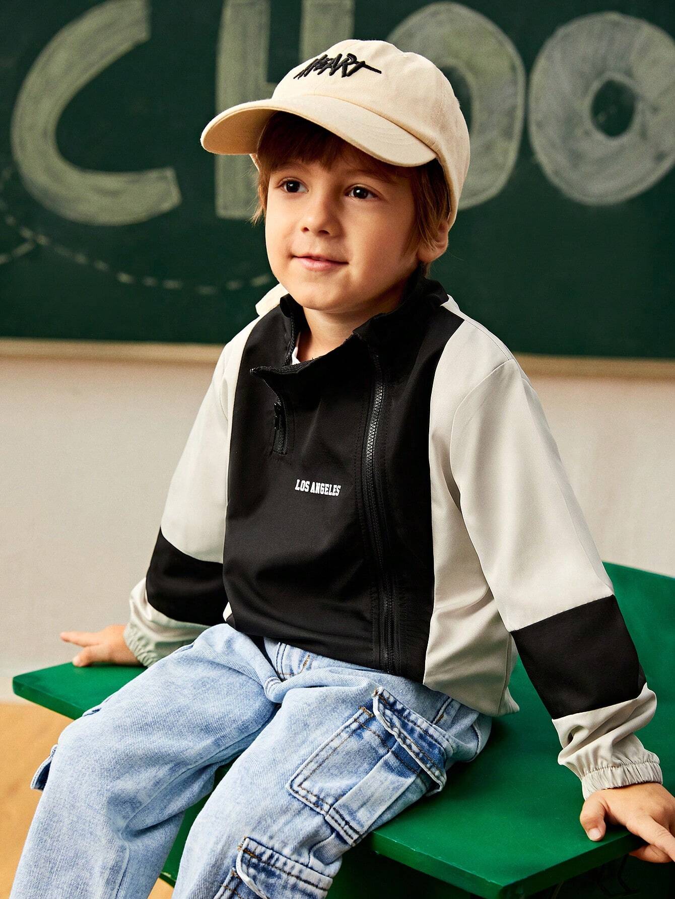 1pc Young Boy's Outdoor Casual Zip-Up Color Block Windbreaker Hoodie