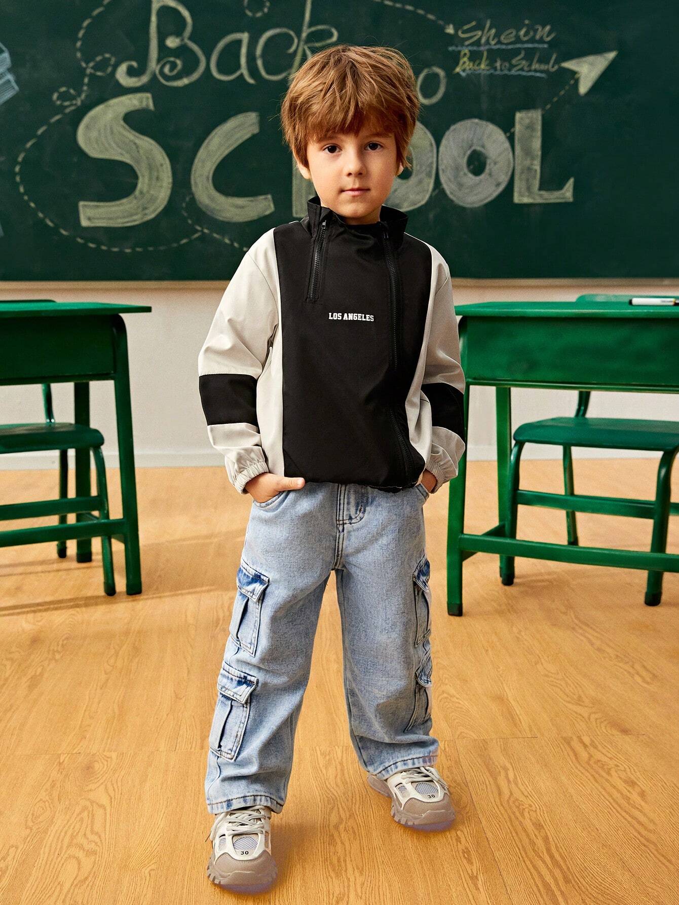 1pc Young Boy's Outdoor Casual Zip-Up Color Block Windbreaker Hoodie