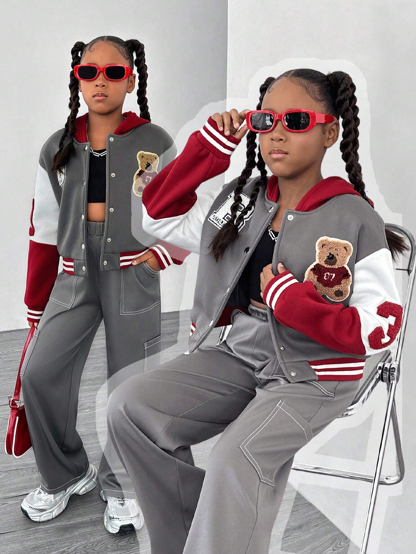 2pcs Tween Girl Contrast Patchwork Letter Bear Hooded Bomber Jacket And Pants Set Multicolor