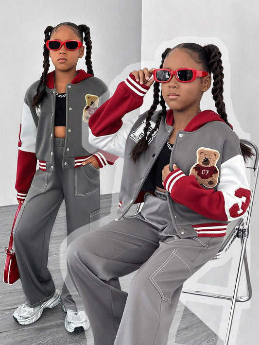 2pcs Tween Girl Contrast Patchwork Letter Bear Hooded Bomber Jacket And Pants Set Multicolor