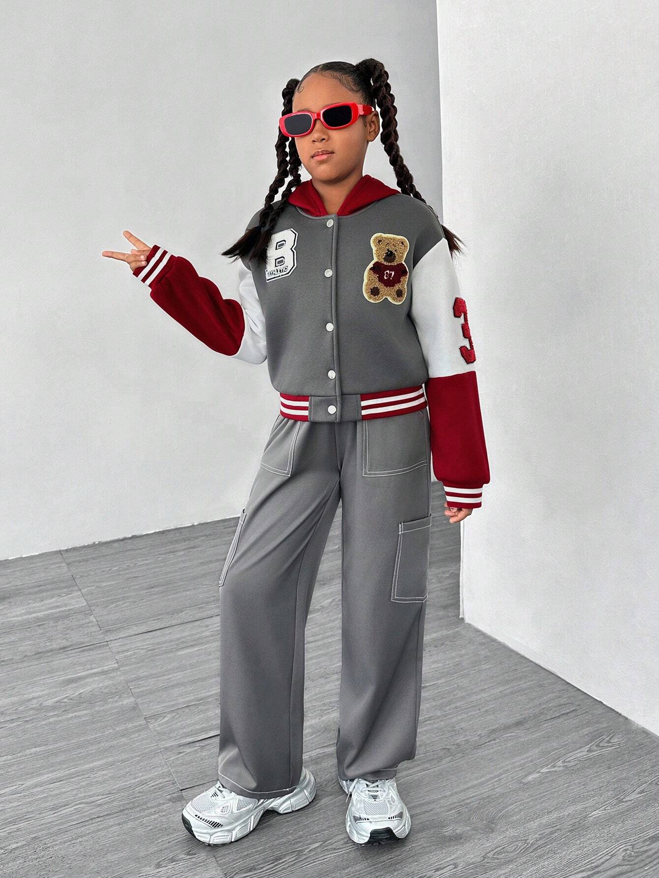 2pcs Tween Girl Contrast Patchwork Letter Bear Hooded Bomber Jacket And Pants Set