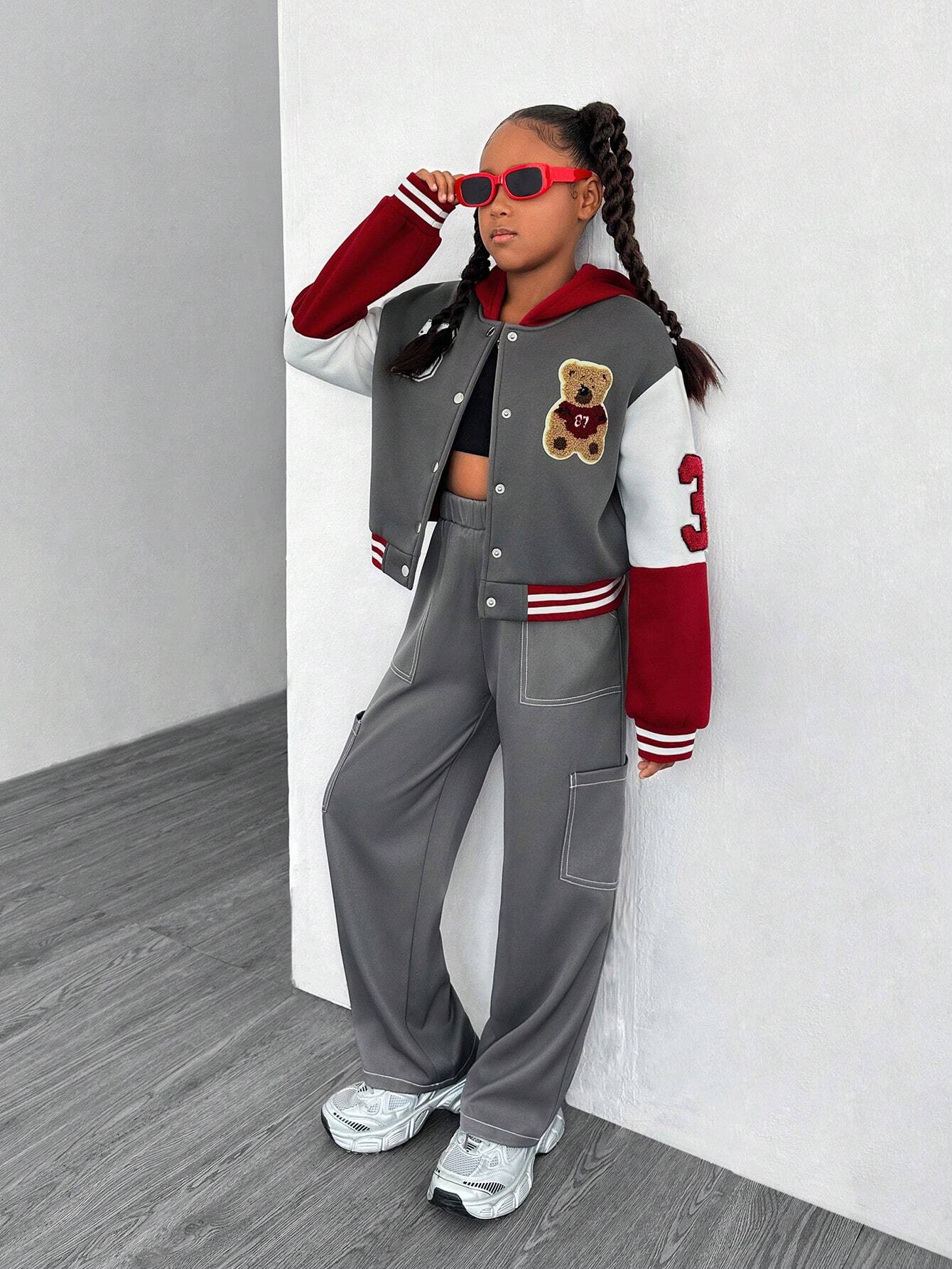 2pcs Tween Girl Contrast Patchwork Letter Bear Hooded Bomber Jacket And Pants Set