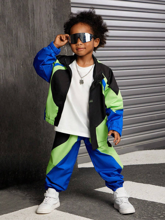 2pcs Young Boy Casual Colorblock Jacket And Tapered Pants Set Multicolor