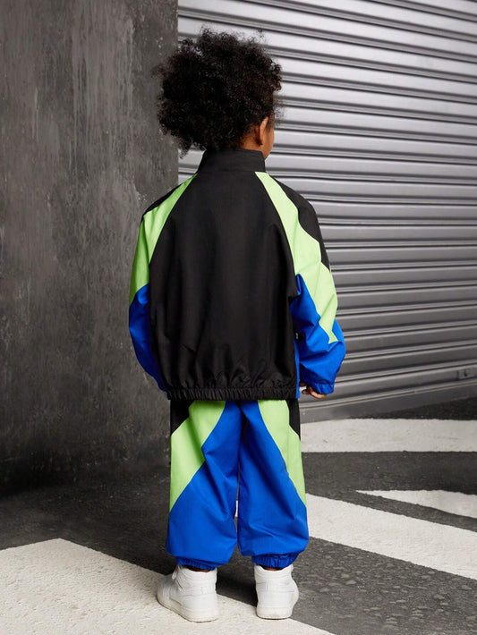 2pcs Young Boy Casual Colorblock Jacket And Tapered Pants Set