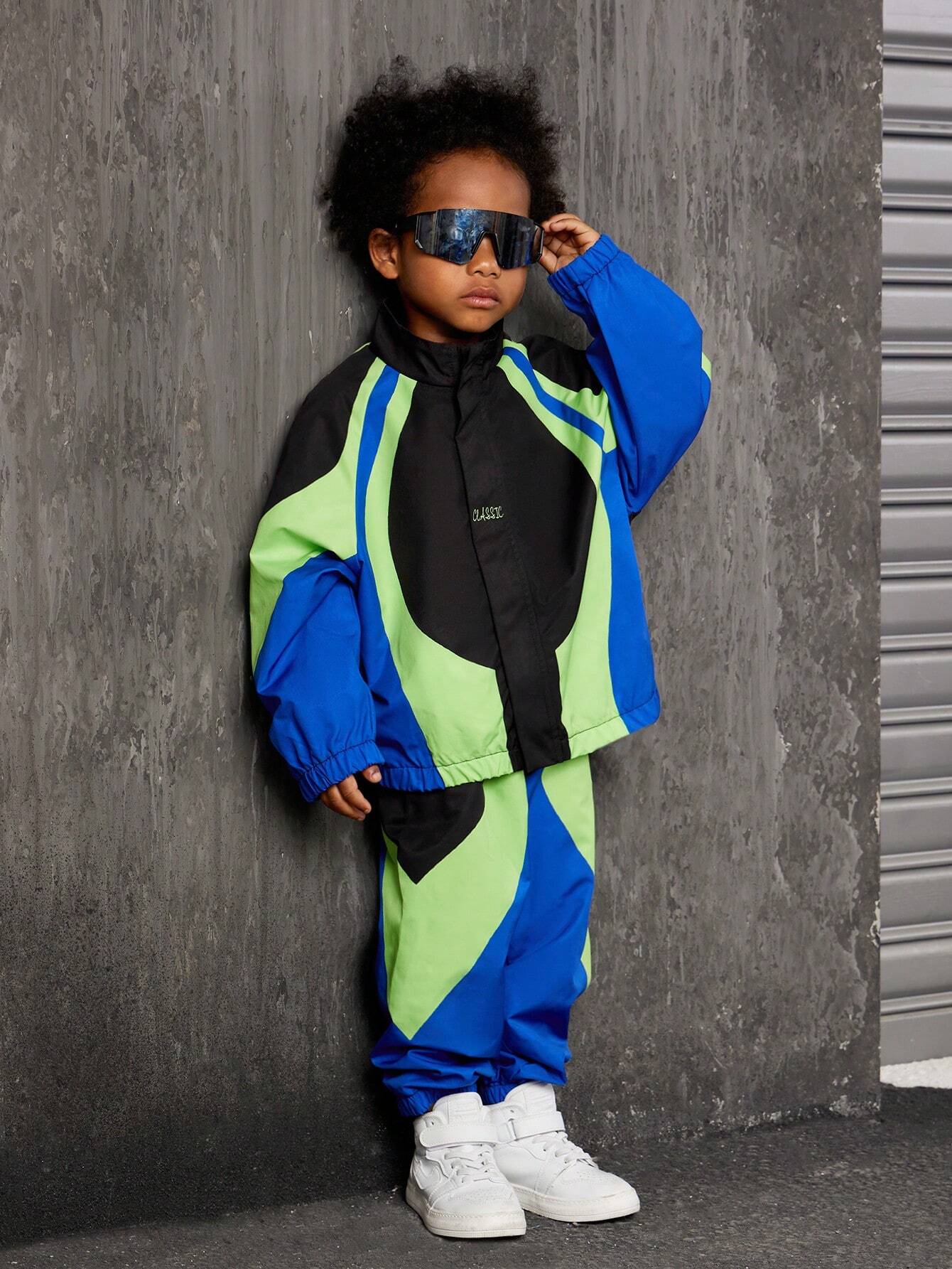 2pcs Young Boy Casual Colorblock Jacket And Tapered Pants Set