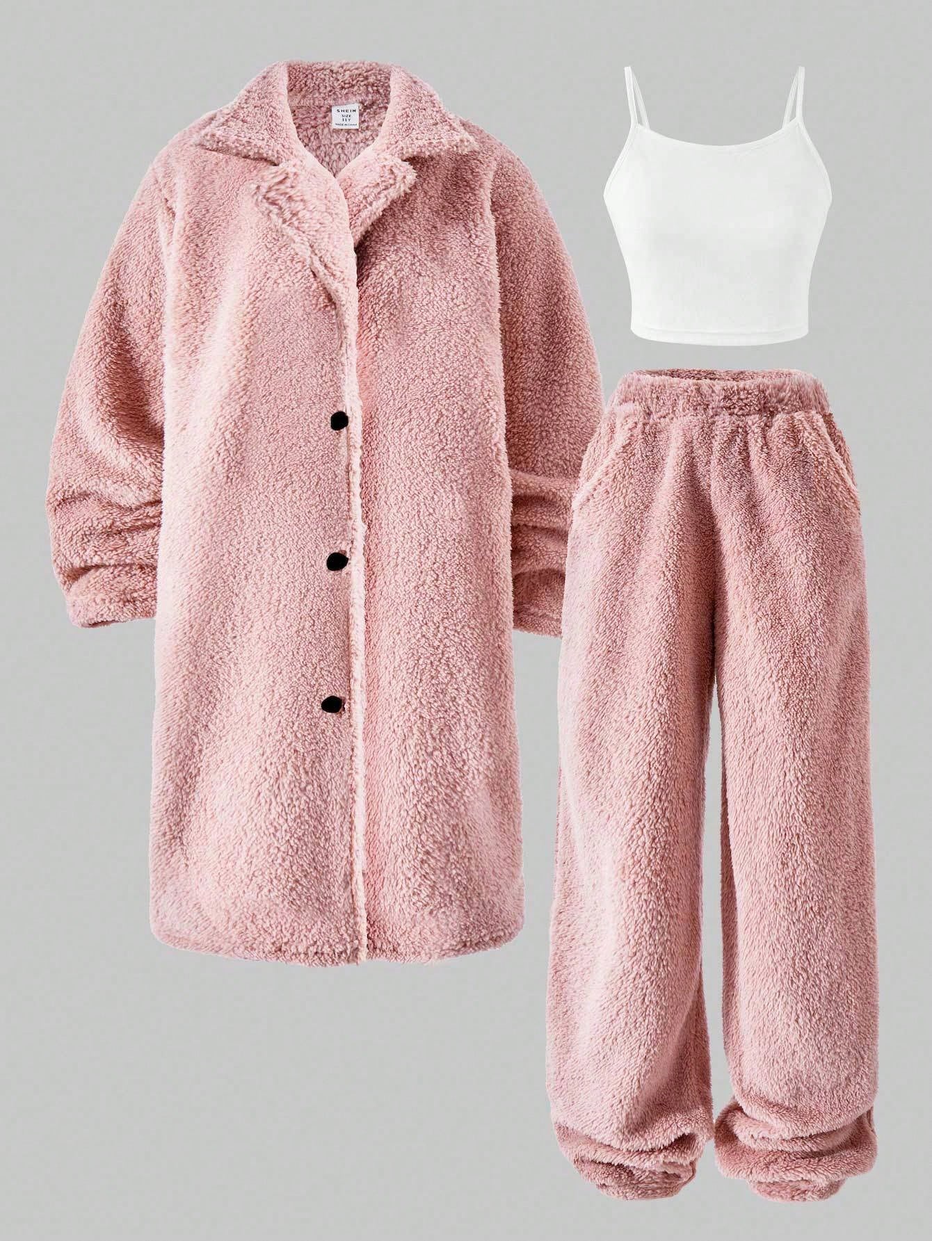 Tween Girls ME Oversized Soft Plush Collar Long Cardigan, Knit Tank Top, And Jogger Pants