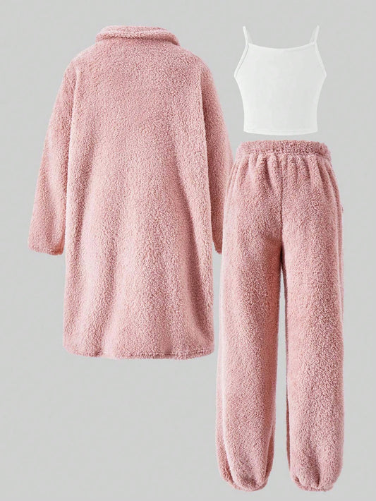 Tween Girls ME Oversized Soft Plush Collar Long Cardigan, Knit Tank Top, And Jogger Pants