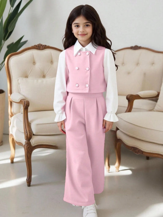 Tween Girl Flare Sleeve Collared Shirt + Cardigan Vest + Pants Pink