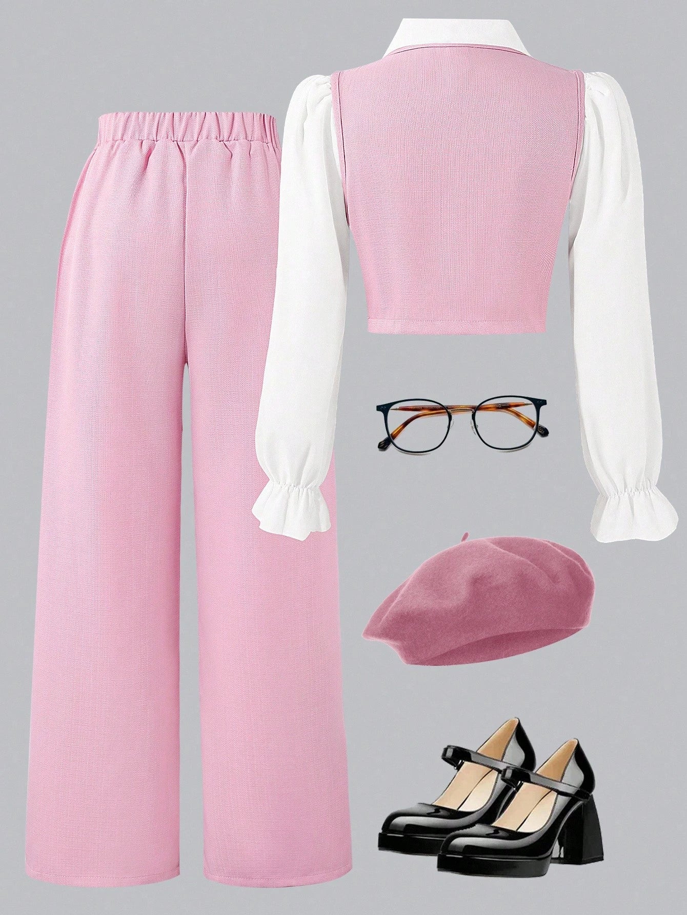 Tween Girl Flare Sleeve Collared Shirt + Cardigan Vest + Pants