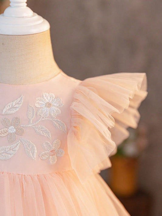 Mummy & Mee Elegant Floral Embroidered Mesh Contrast Ruffle Hem Dress