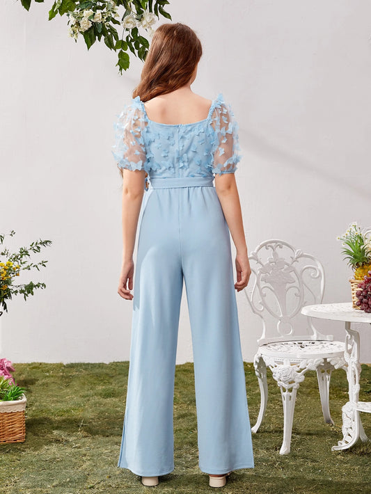 Teen Girls Butterfly Appliqué Mesh Puff Sleeve Belted Jumpsuit