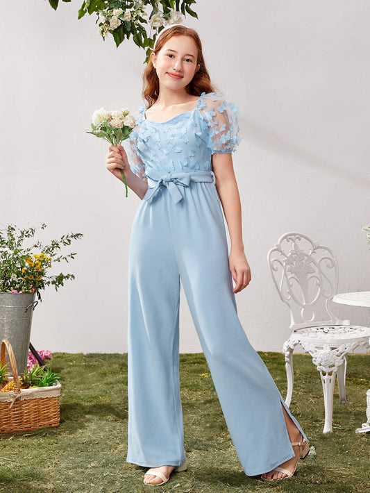 Teen Girls Butterfly Appliqué Mesh Puff Sleeve Belted Jumpsuit