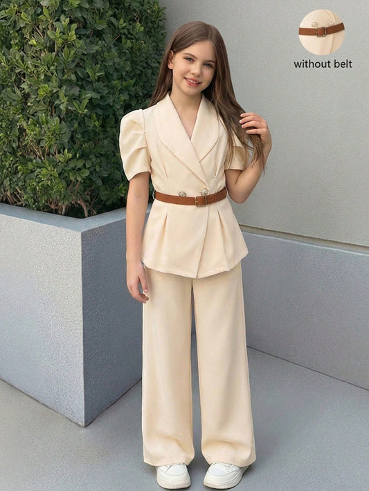 Tween Girl 2 Pieces Set Black Vintage Flared Sleeve Fitted Blazer & Straight Leg Pants