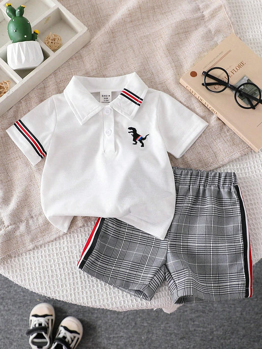 Baby Boy Fun Striped Dinosaur Embroidered Polo Shirt And Plaid Shorts Set 6-9M