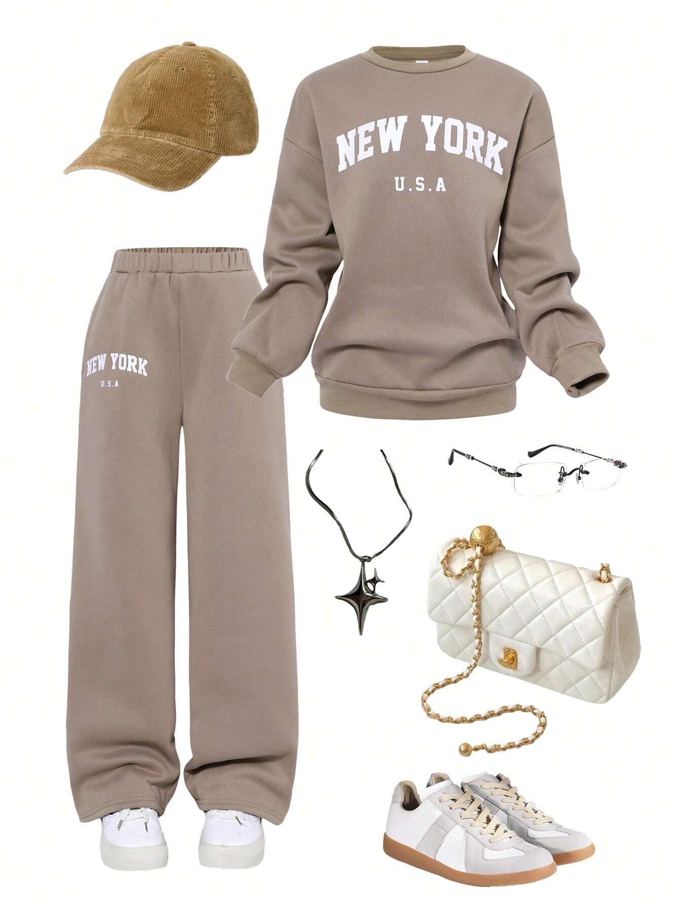 Tween Girl Loose Casual Minimalist Comfortable Crew Neck Sweatshirt And Pants Khaki 2