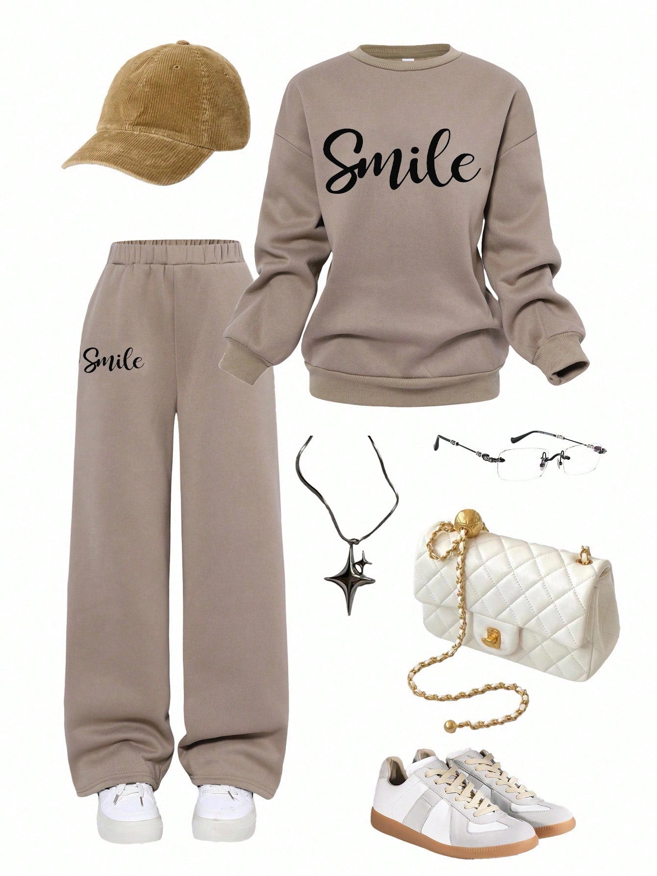 Tween Girl Loose Casual Minimalist Comfortable Crew Neck Sweatshirt And Pants Brown