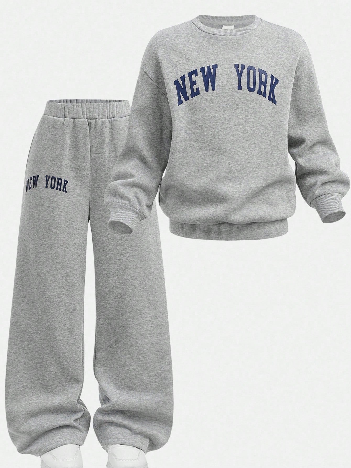 Tween Girl Loose Casual Minimalist Comfortable Crew Neck Sweatshirt And Pants Grey 2