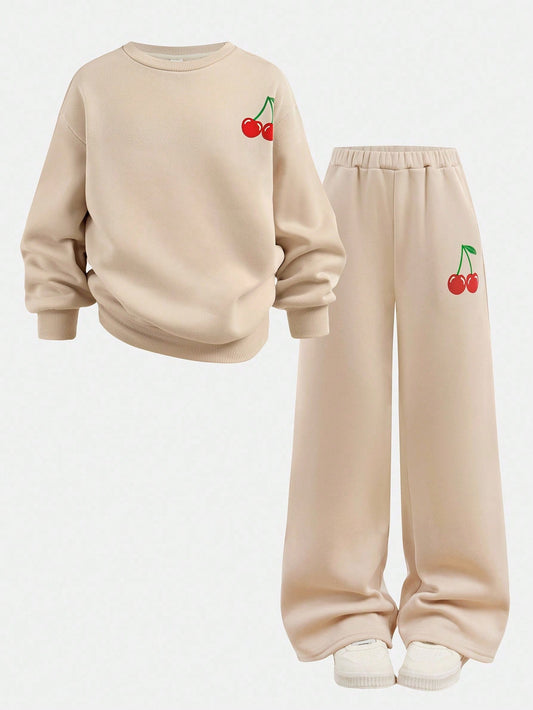 Tween Girl Loose Casual Minimalist Comfortable Crew Neck Sweatshirt And Pants Beige