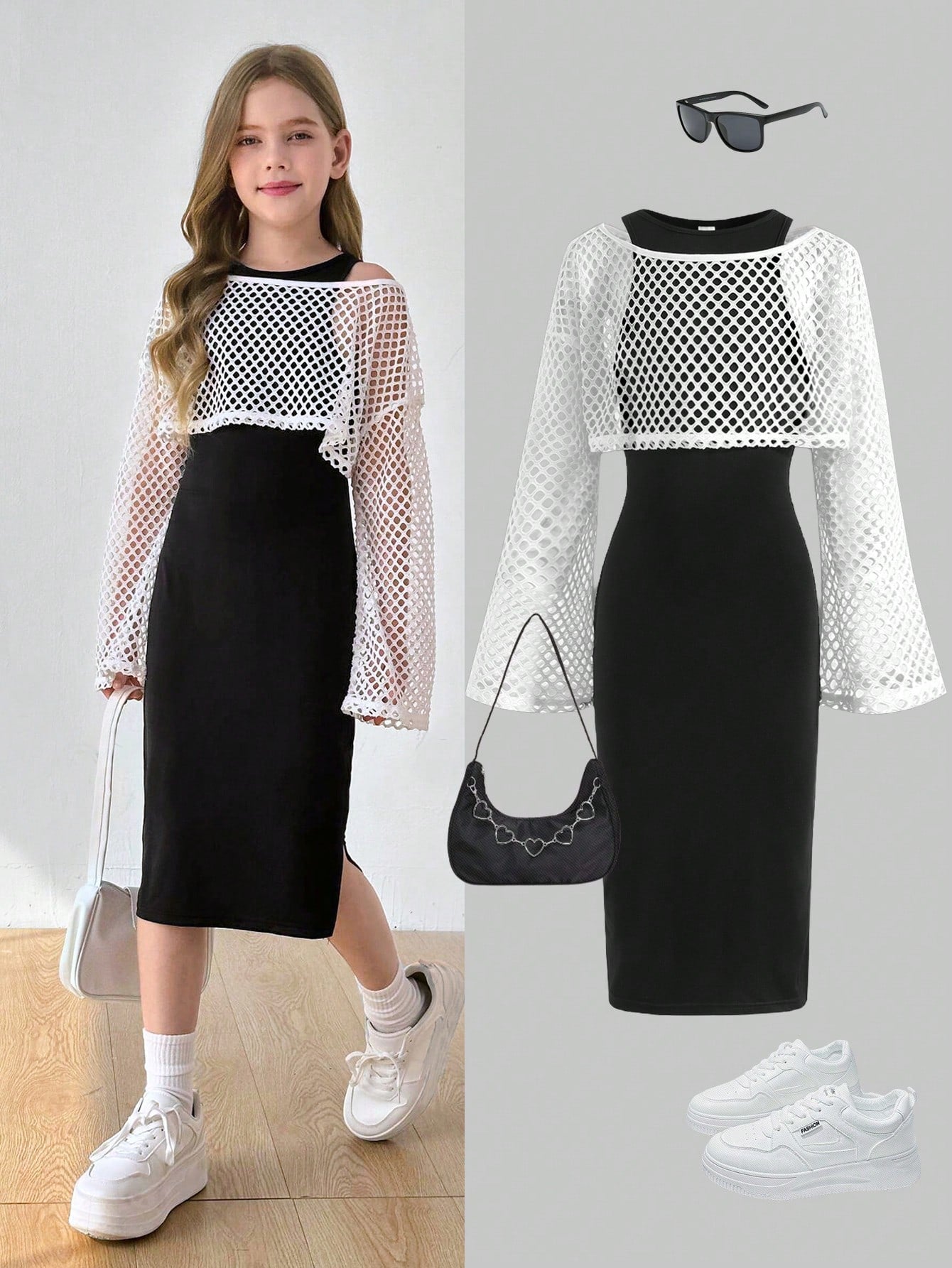 Tween Girls' Solid Color Knit Narrowed Shoulder Fitted Long Casual Dress + Loose Net Gauze Cover Up 10Y