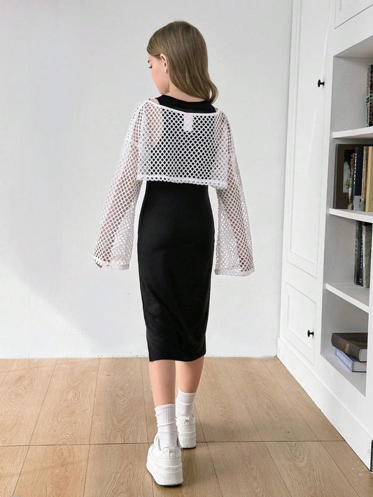 Tween Girls' Solid Color Knit Narrowed Shoulder Fitted Long Casual Dress + Loose Net Gauze Cover Up