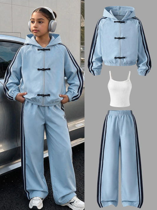 Woven Light Blue Hooded Button Zipper Top White Camisole Pants