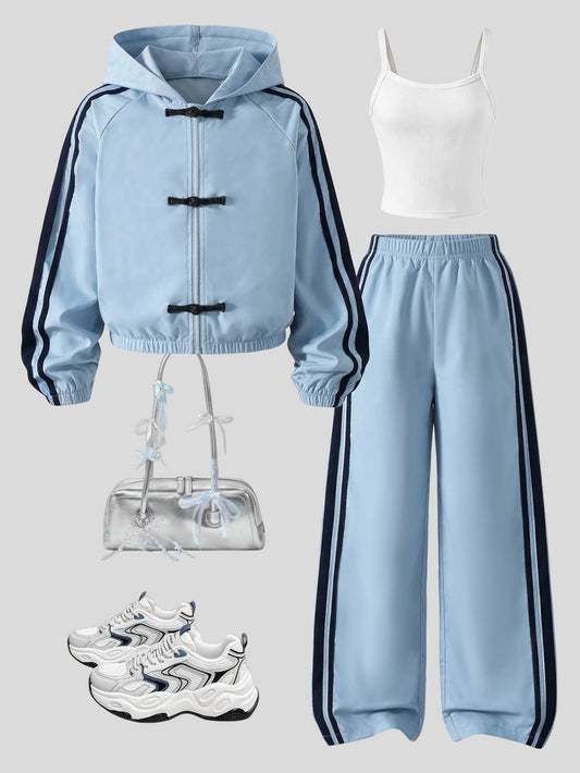 Woven Light Blue Hooded Button Zipper Top White Camisole Pants