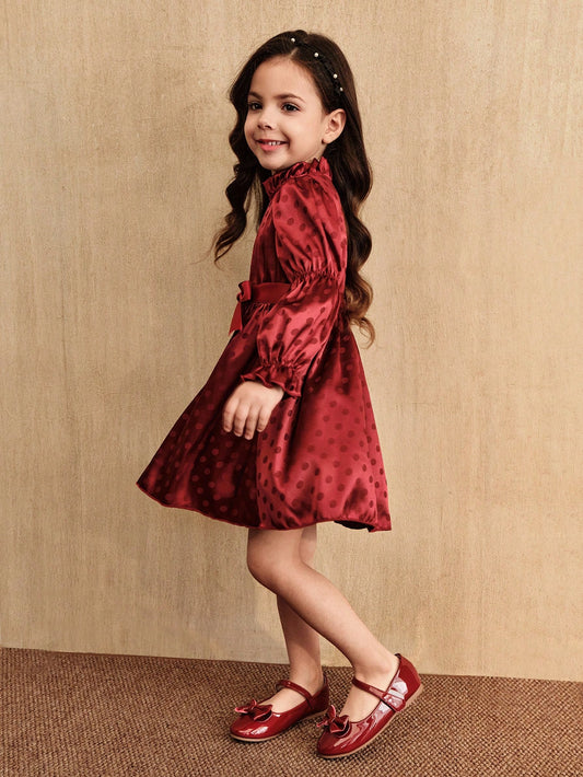 Woven Fabric Dress With Ruffle Collar, Puff Sleeves, And Waist Belt