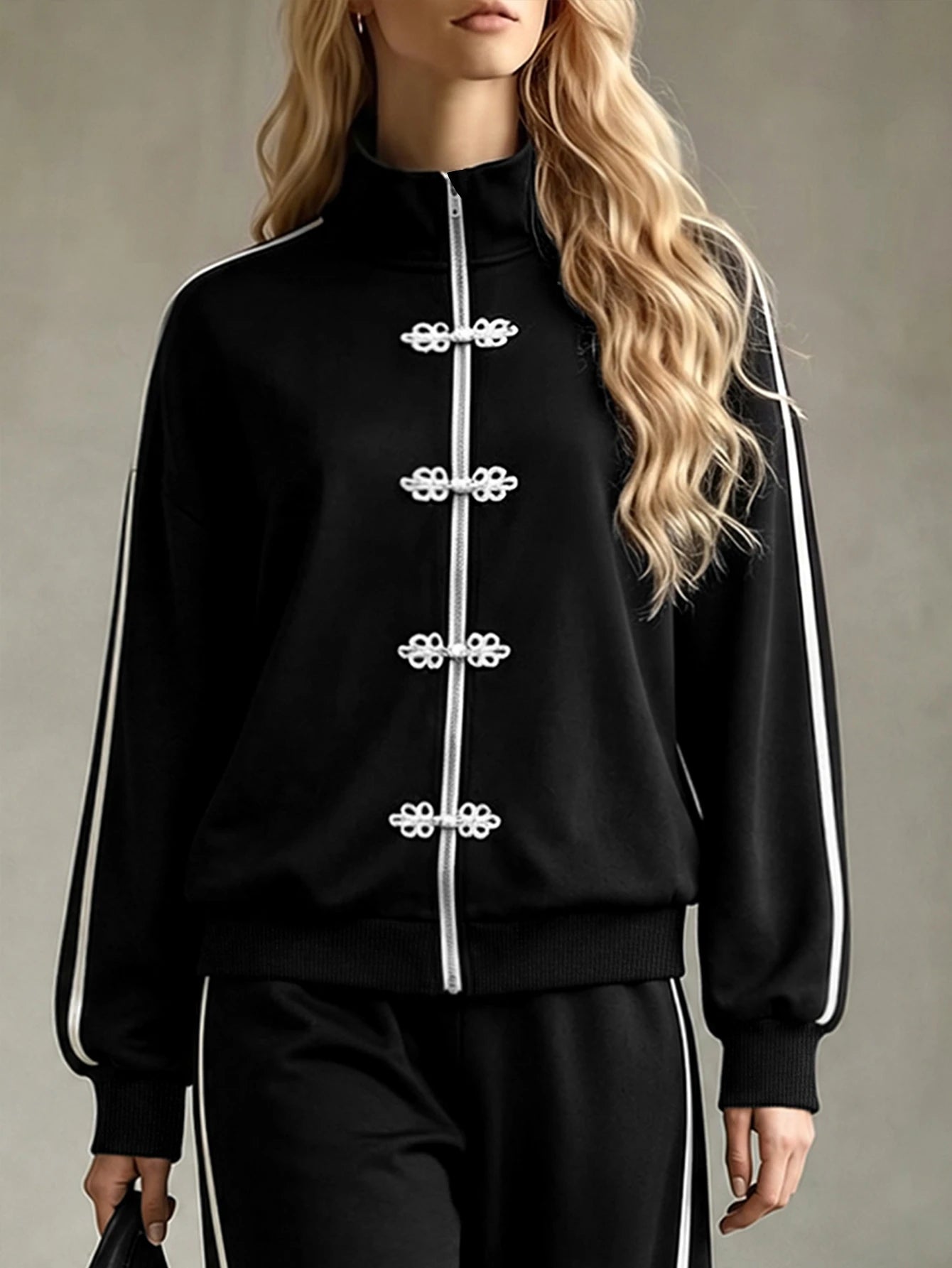 Letter Print Stand Collar Sweatshirt And Shorts, Warm Campus Outfit