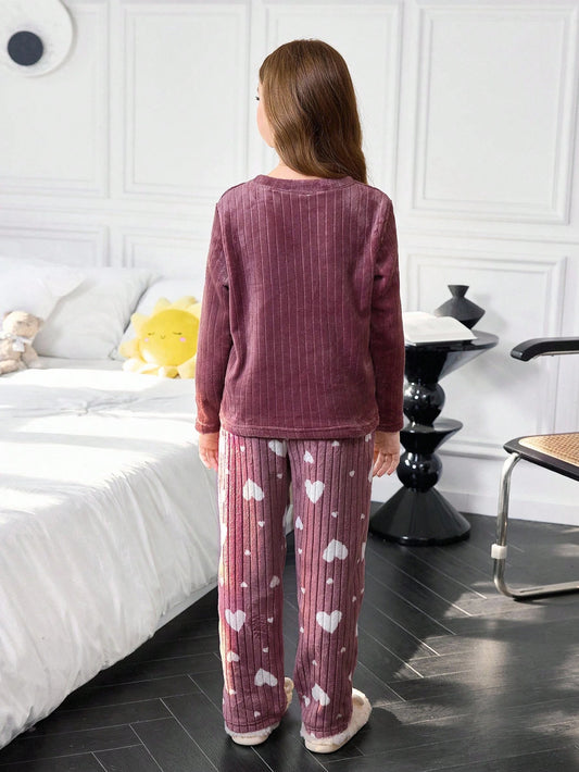 Heart Print Ribbed Flannel Long Sleeve & Pants Pajama Set