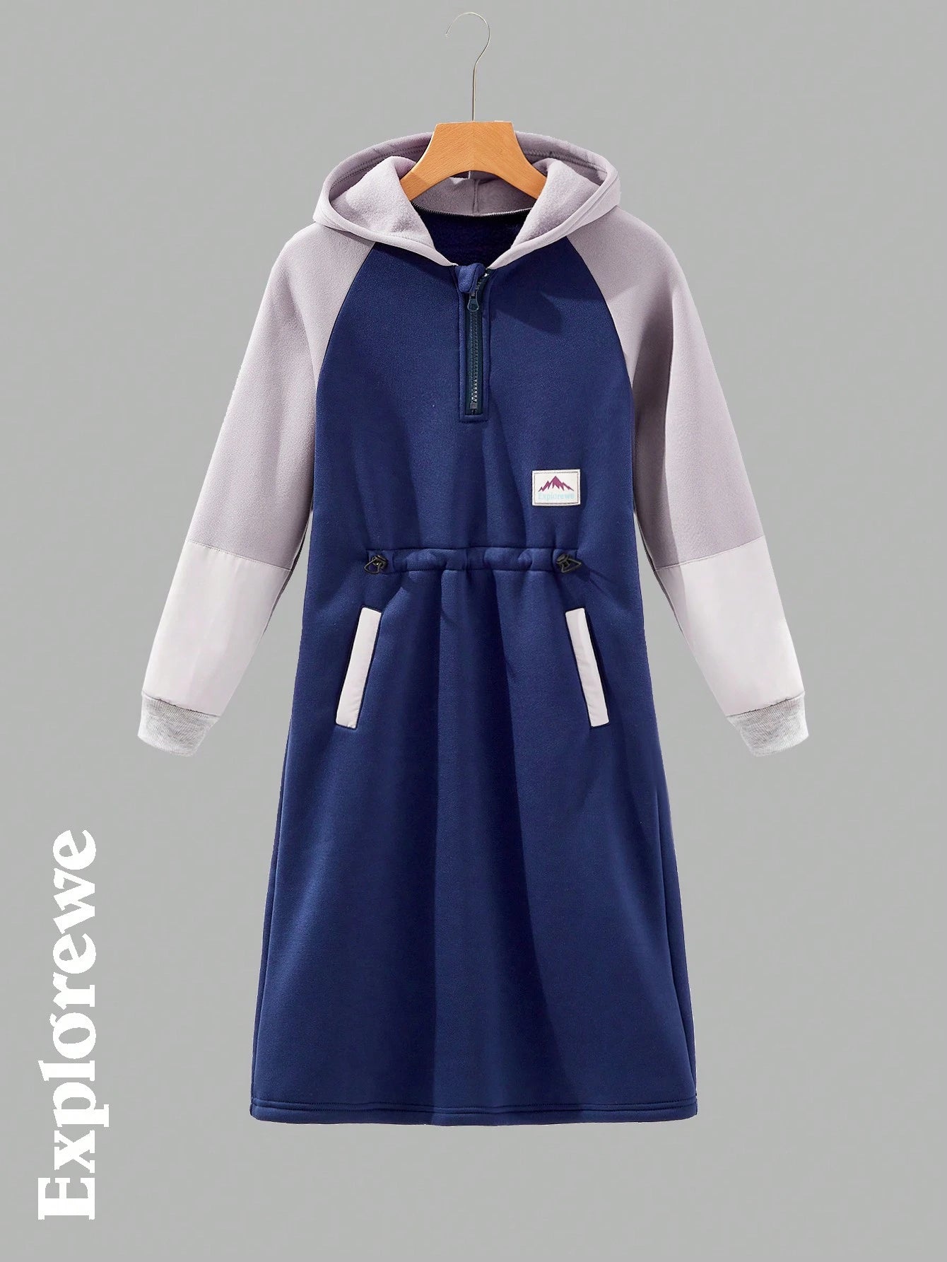 Girls' Solid Color Contrast Zipper Front Hooded Long Sleeve Pockets Dress Blue