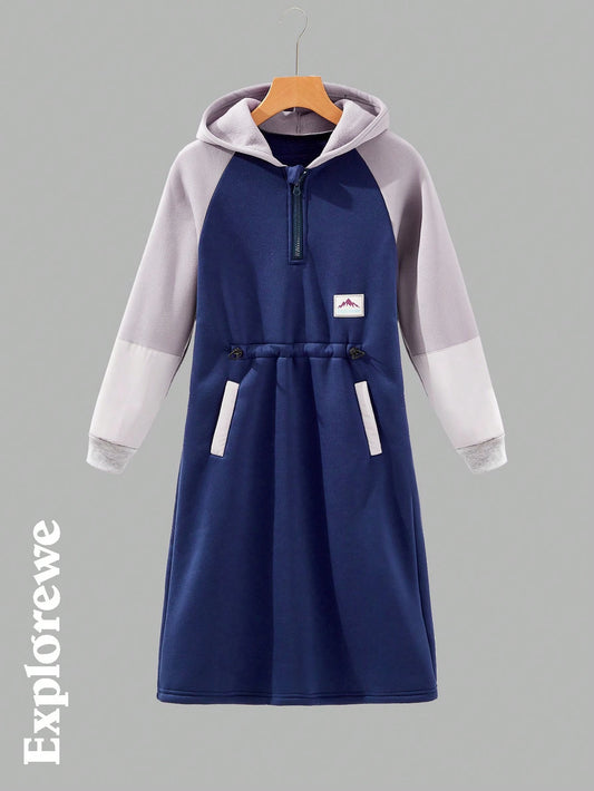 Girls' Solid Color Contrast Zipper Front Hooded Long Sleeve Pockets Dress Blue