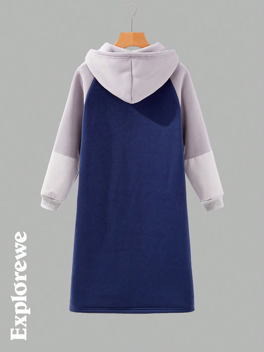 Girls' Solid Color Contrast Zipper Front Hooded Long Sleeve Pockets Dress
