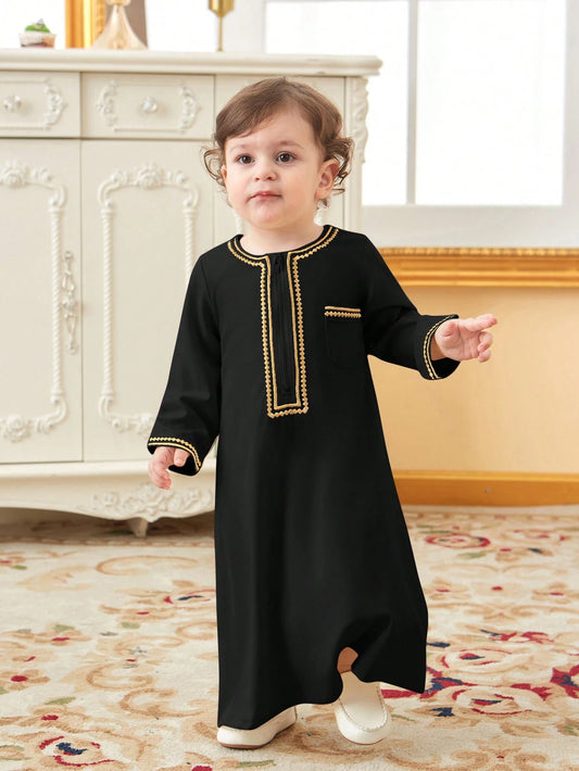 Baby Boy Traditional Embroidery Long Cardigan With Golden Trim