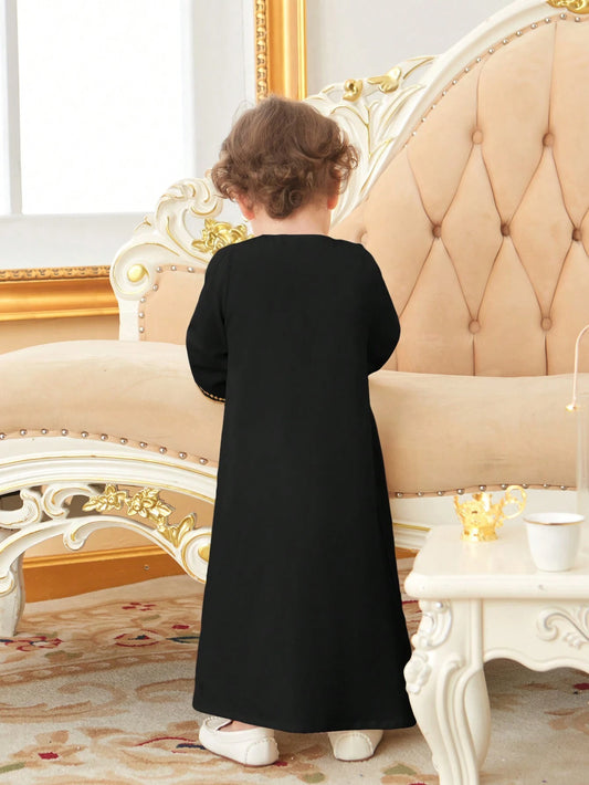 Baby Boy Traditional Embroidery Long Cardigan With Golden Trim