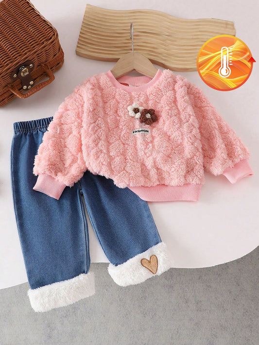 Baby Girls Pink Floral Long Sleeve Top And Heart Fuzzy Denim Pants Pink