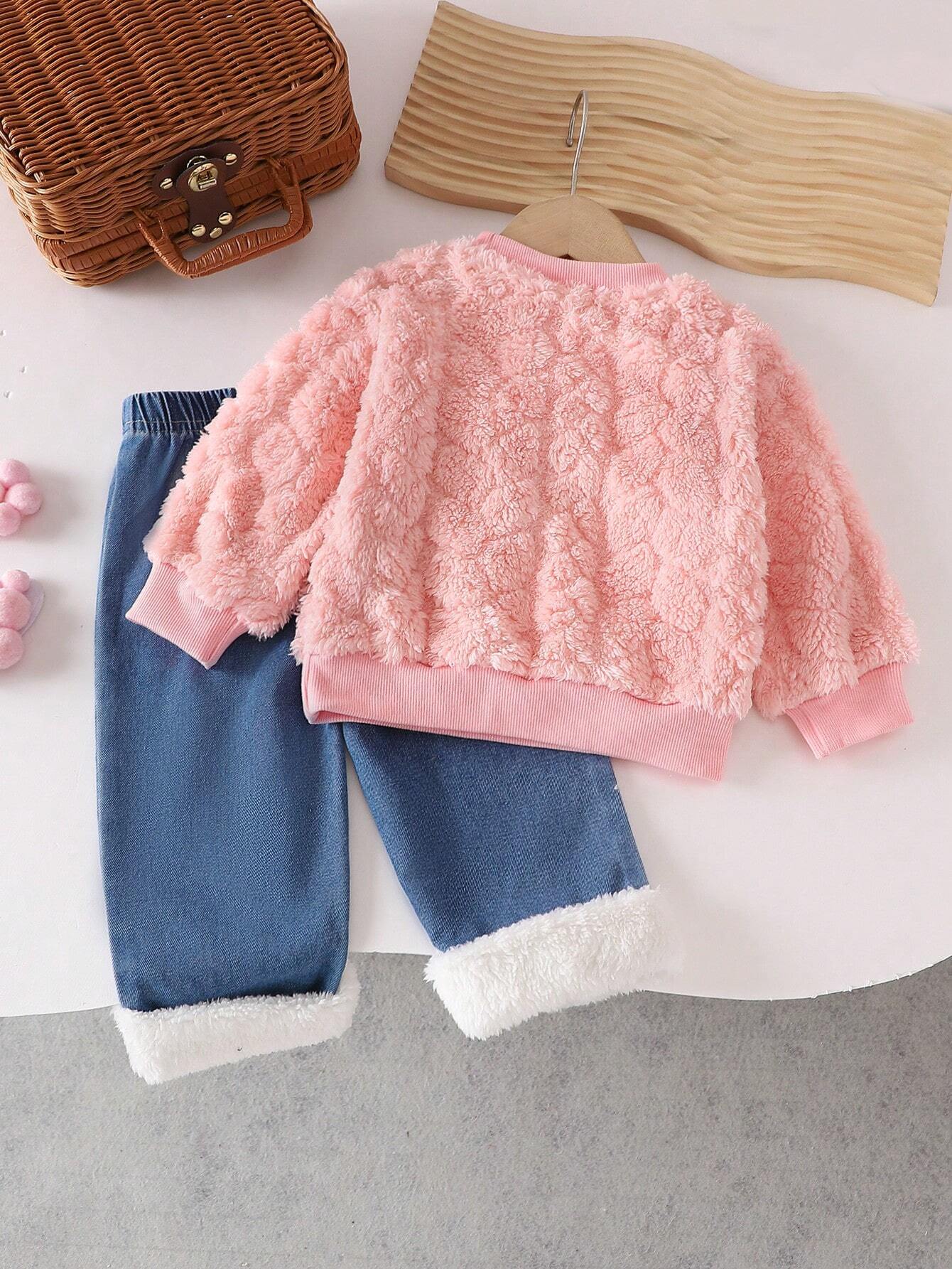 Baby Girls Pink Floral Long Sleeve Top And Heart Fuzzy Denim Pants