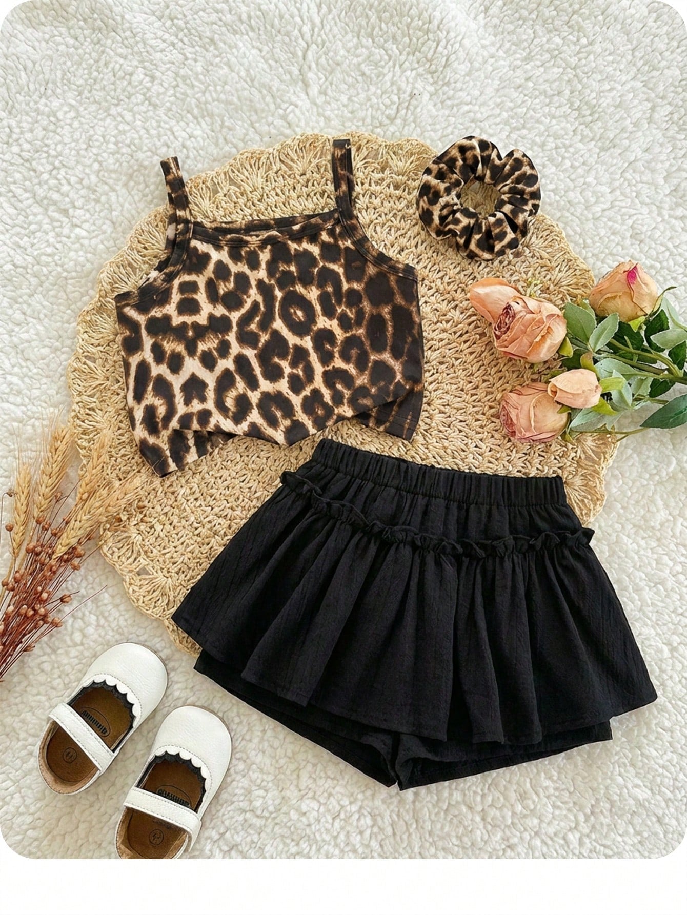 Kids 2 Pieces Leopard Print Camisole And Black Woven Shorts Set