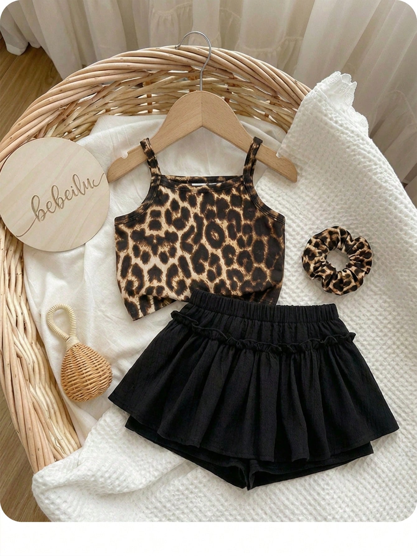 Kids 2 Pieces Leopard Print Camisole And Black Woven Shorts Set