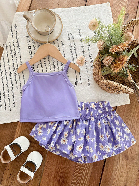 Baby Girl Knitted Solid Floral Pattern Camisole And Shorts Set