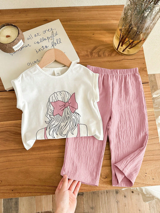 Girl Pattern Short Sleeve T-Shirt & Elastic Waist Blue Pants 2pc Set